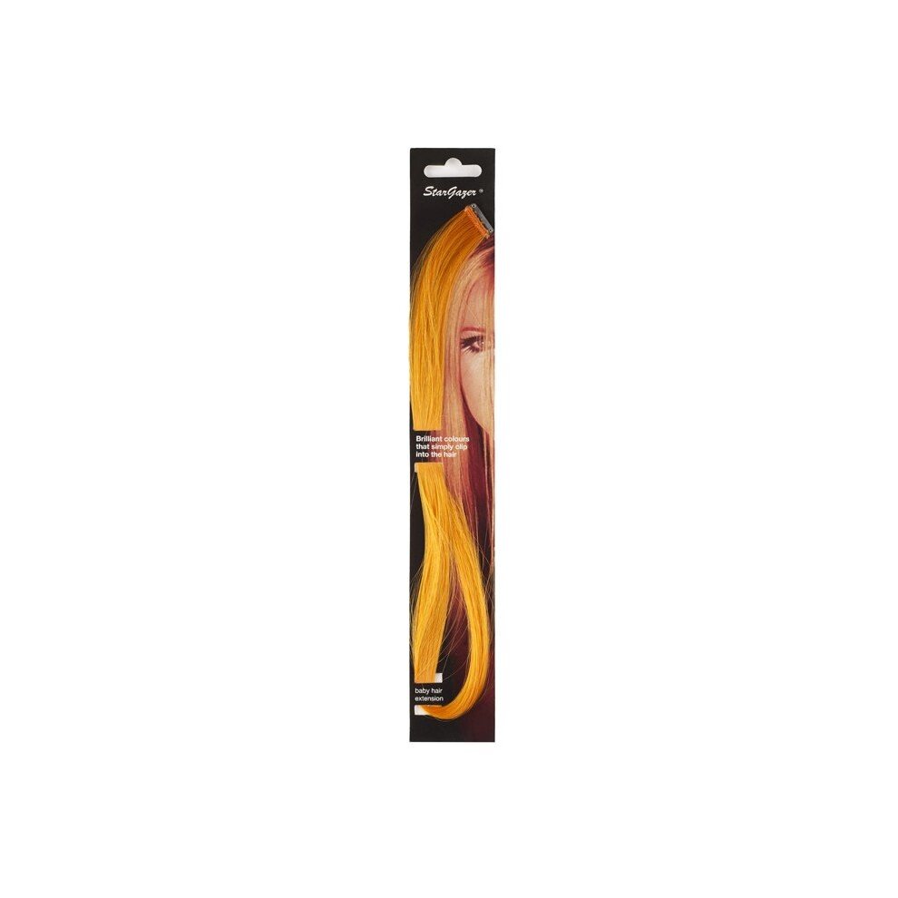 Bright orange clip-in hair extensions by Stargazer, featuring a sleek, synthetic material with a glossy finish, packaged in a vertical display with a model's profile.