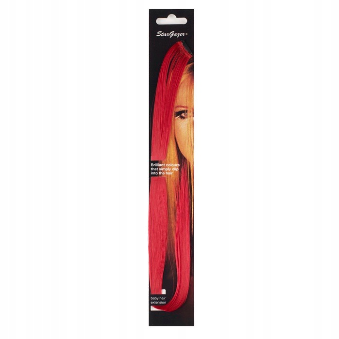 Bright red synthetic hair extensions packaged in a sleek black and white design, featuring a model with long hair showcasing the vibrant color.