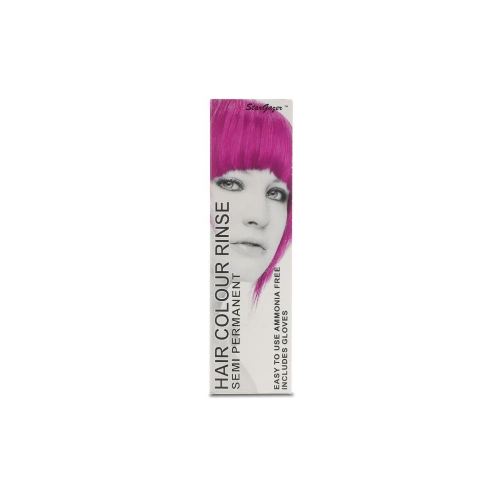 Stargazer Semi-Permanent Hair Colour Dye in UV Pink, featuring a vibrant pink shade, ammonia-free formula, and includes gloves, with a model showcasing the hair colour on the packaging.