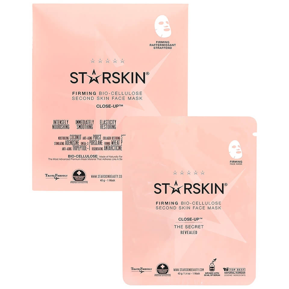 Pink packaging featuring the "STARSKIN" logo, with a prominent white mask graphic, labeled as a firming bio-cellulose second skin face mask.