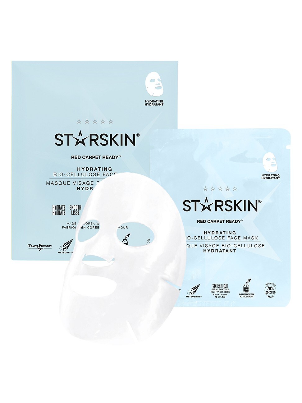 Hydrating bio-cellulose face mask in a light blue packaging with white text, featuring a cut-out eye and mouth design for a second skin effect.