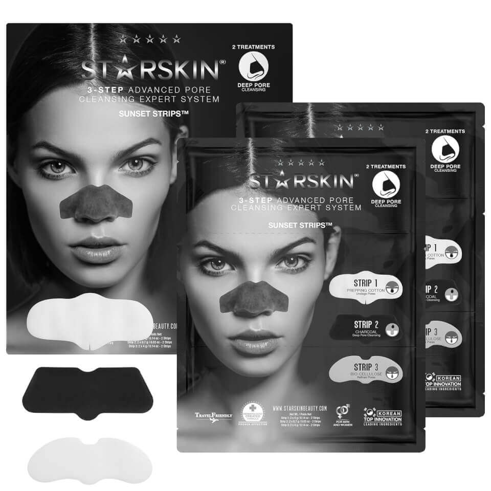 STARSKIN Sunset Strips 3-Step Advanced Pore Cleansing Expert System featuring black nose strips and white under-eye patches in sleek black packaging with a model's face on the front.