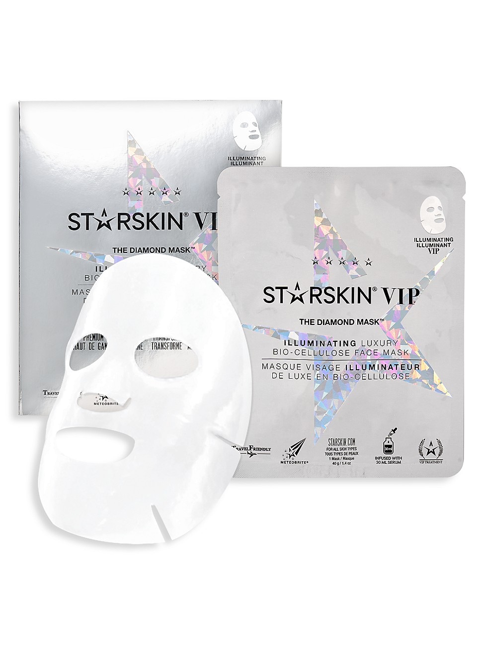STARSKIN VIP Diamond Mask features a holographic silver packaging with a star design, alongside a translucent bio-cellulose face mask for illuminating skin.