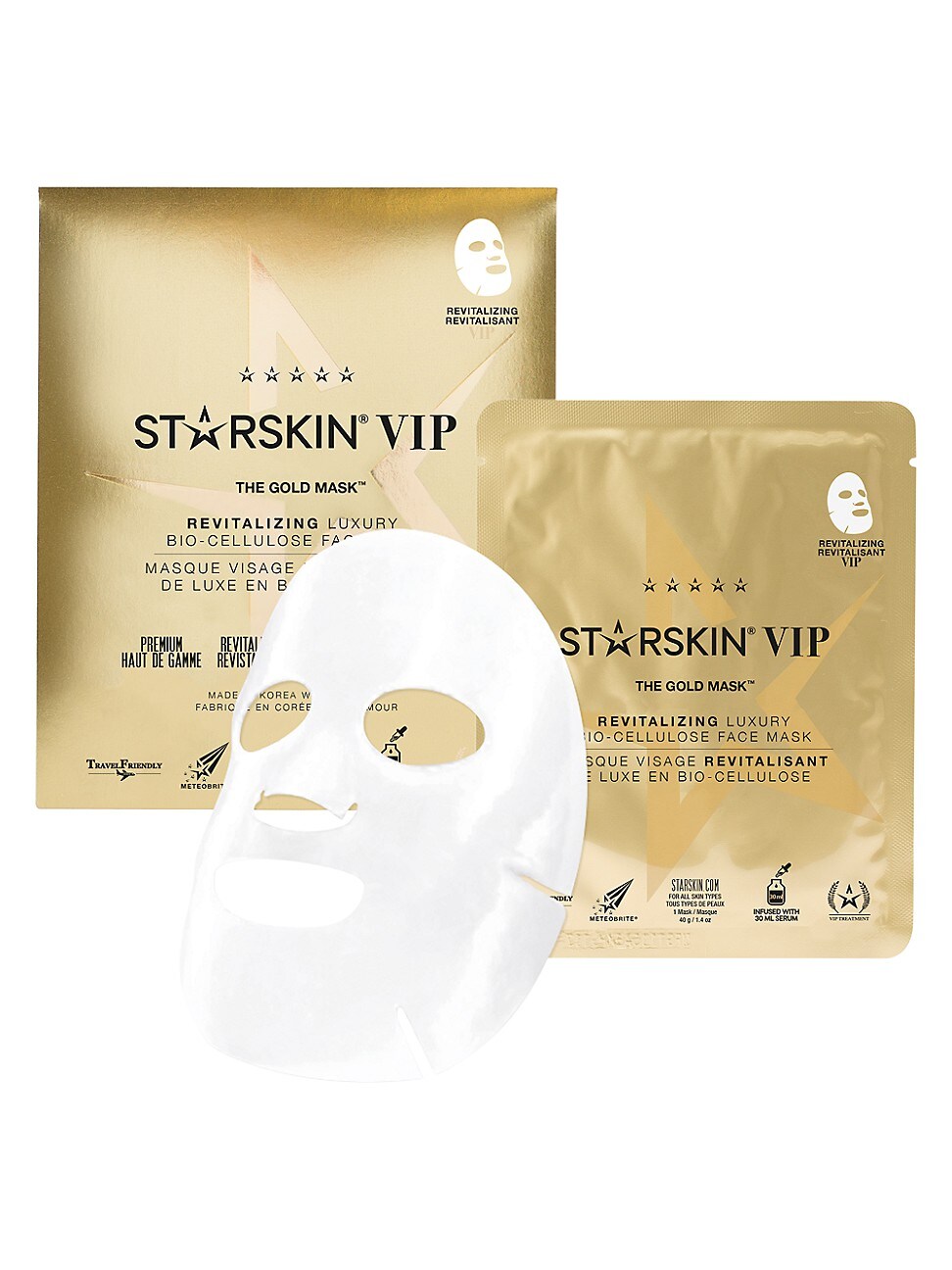 Gold packaging featuring the "STARSKIN VIP the Gold Bio-Cellulose Second Skin Face Mask," with a translucent white mask visible, emphasizing luxury and revitalization.