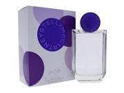 Clear glass bottle with a purple round cap, featuring a minimalist design, accompanied by a matching box with purple and white circular patterns.
