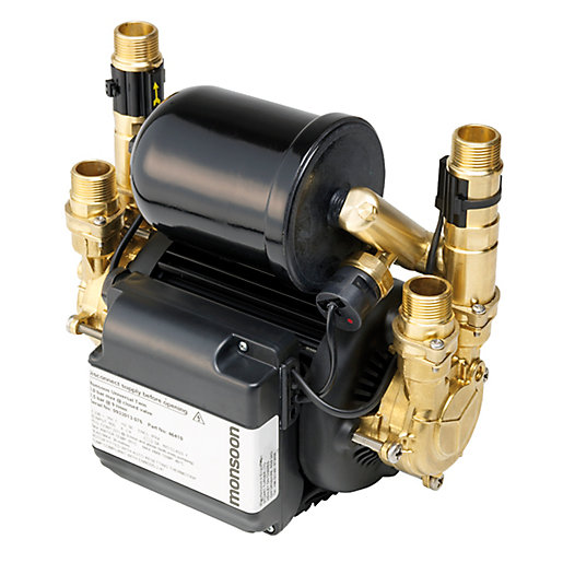 Stuart Turner Monsoon shower pump featuring a black cylindrical body, brass twin impellers, and four brass connectors for easy installation.