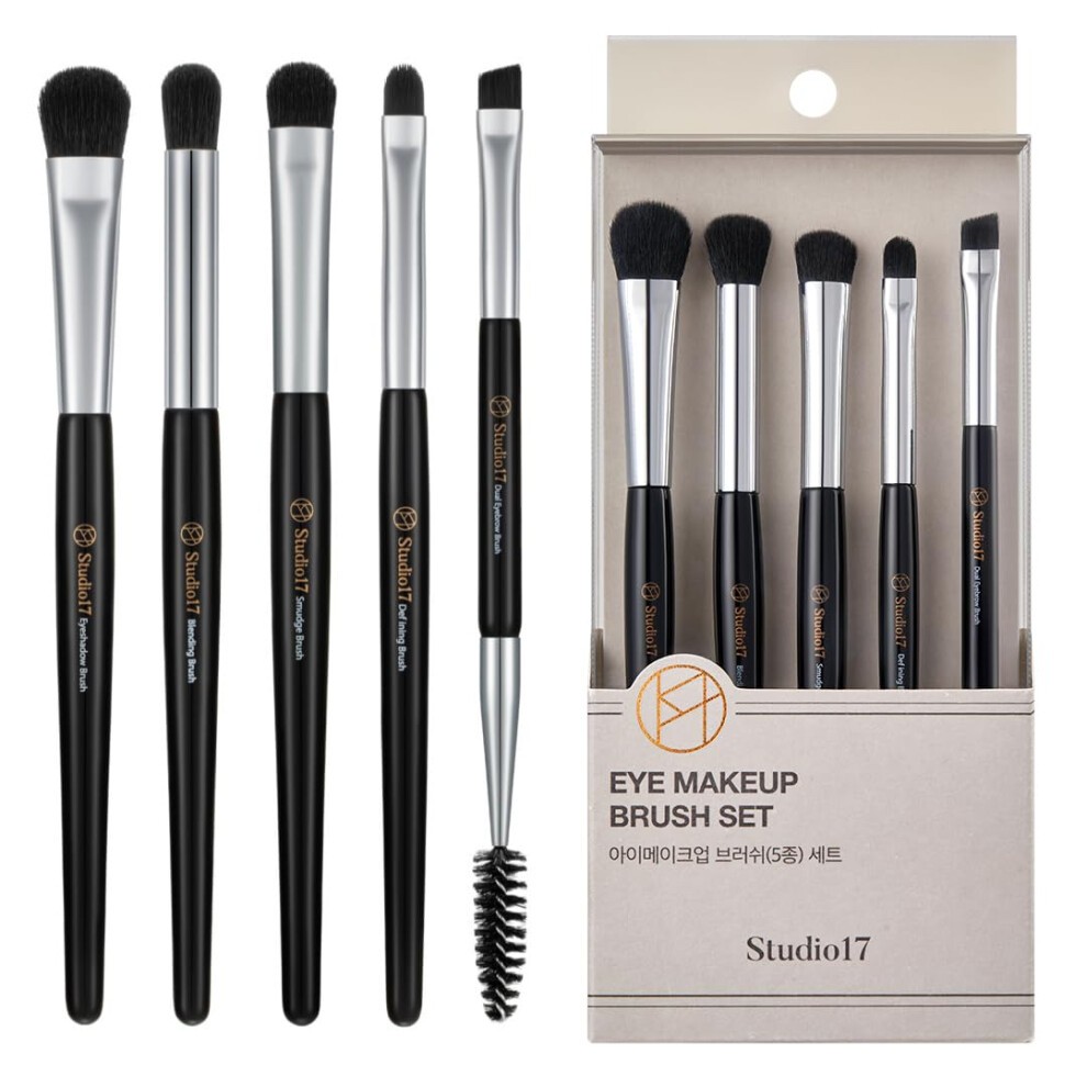 Five-piece eye makeup brush set featuring small, portable brushes with premium synthetic bristles, sleek black handles, and silver ferrules, packaged in a stylish box.