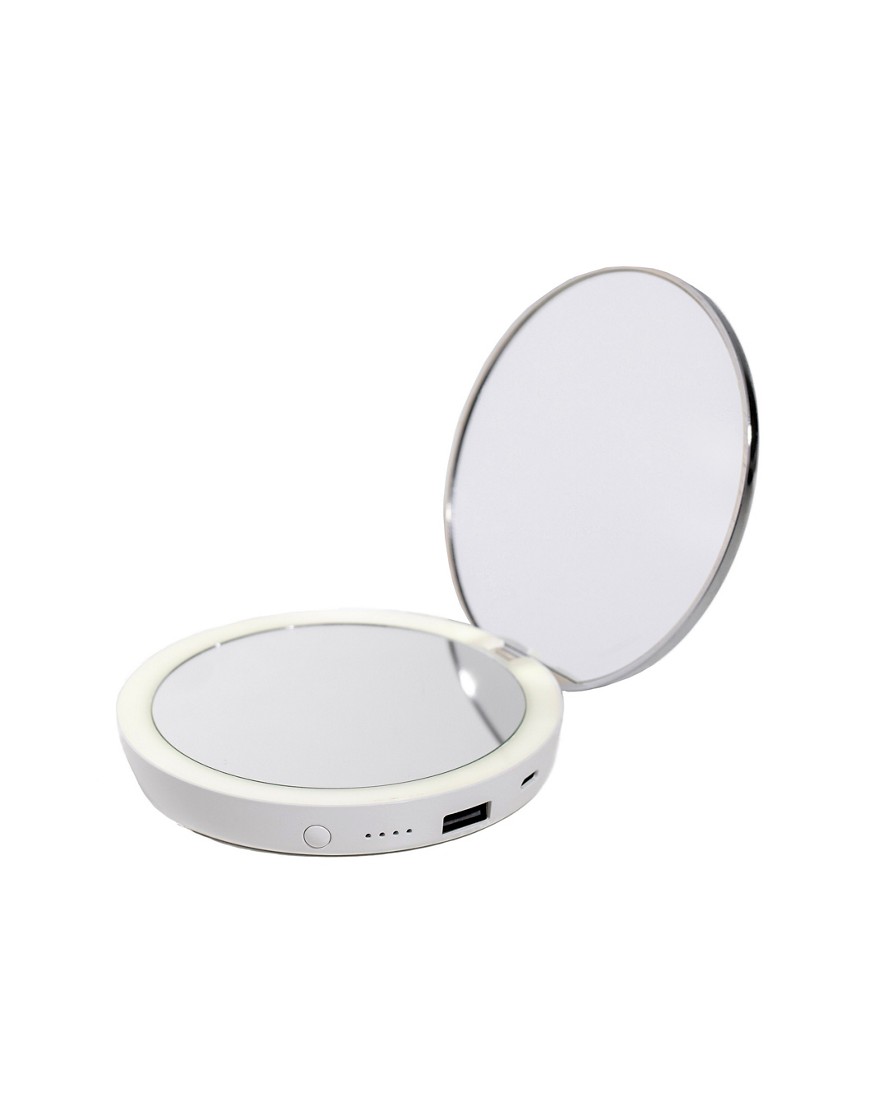 Compact round LED mirror in white with a flip-open design, featuring a USB port and power indicator lights, ideal for on-the-go charging and personal grooming.