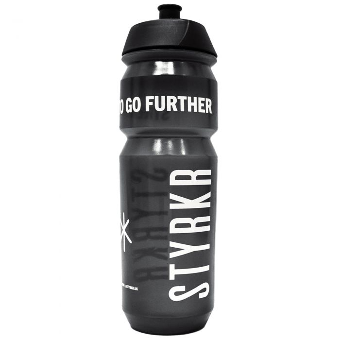 Black 750ml Styrkr Adventure Water Bottle featuring a textured grip, a wide mouth for easy filling, and bold white text that reads "STYRK" and "GO FURTHER."