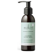 Sukin Blemish Control Clearing Facial Wash in a 125ml dark brown bottle with a black pump lid and a light green label featuring the product name and details.