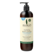 Dark brown plastic bottle with a black pump lid, labeled "Sukin Hydrating Body Lotion Lime and Coconut 500ml" featuring a green leaf logo and cream-colored background.