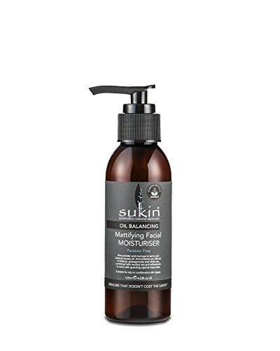 Brown glass bottle with a black pump top, labeled "Sukin Oil Balancing Mattifying Facial Moisturiser," featuring a dark grey label and white text.