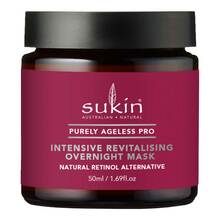 SUKIN Purely Ageless Pro Revitalising Overnight Mask in a dark glass jar with a maroon label, featuring white text and a natural retinol alternative note, 50mL size.
