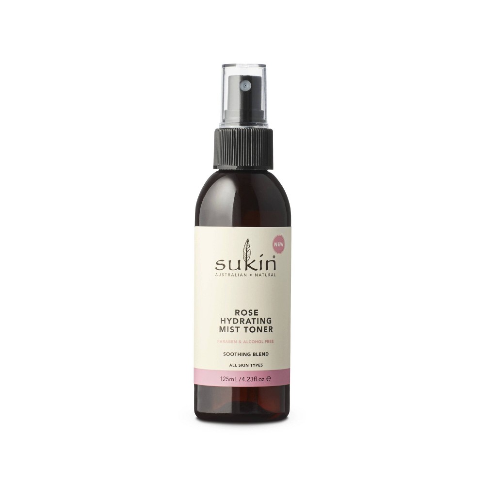 Sukin Hydrating Mist Toner in a dark brown spray bottle with a clear nozzle, featuring a label with cream and pink accents, designed for all skin types.