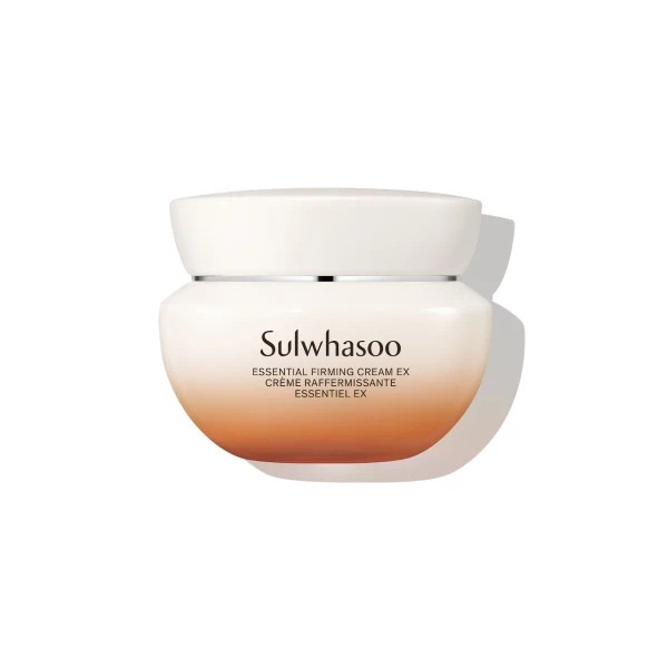 Round cream jar with a gradient from white to light orange, featuring a smooth lid and the text "Sulwhasoo Essential Firming Cream EX" in elegant black font.