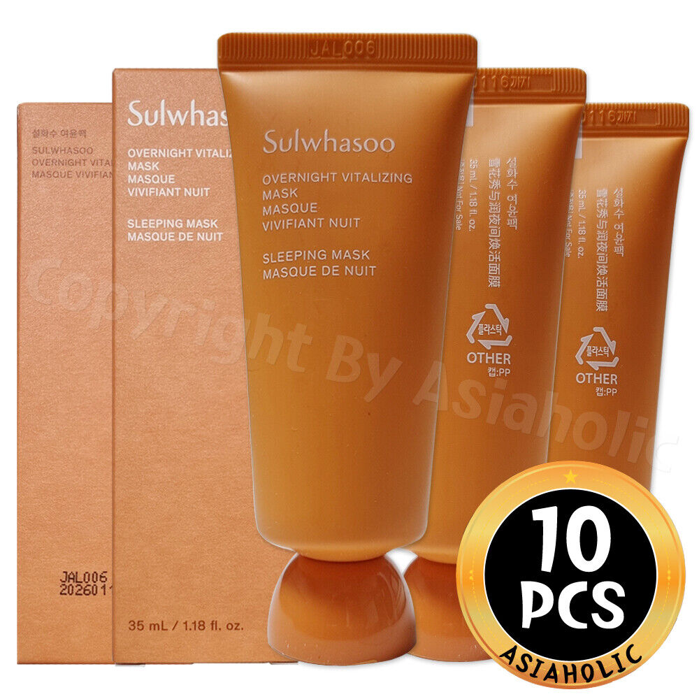 Four miniature tubes of Sulwhasoo Overnight Vitalizing Mask, each 35ml, featuring a sleek orange design with white text, packaged alongside a promotional badge indicating 10 pieces.