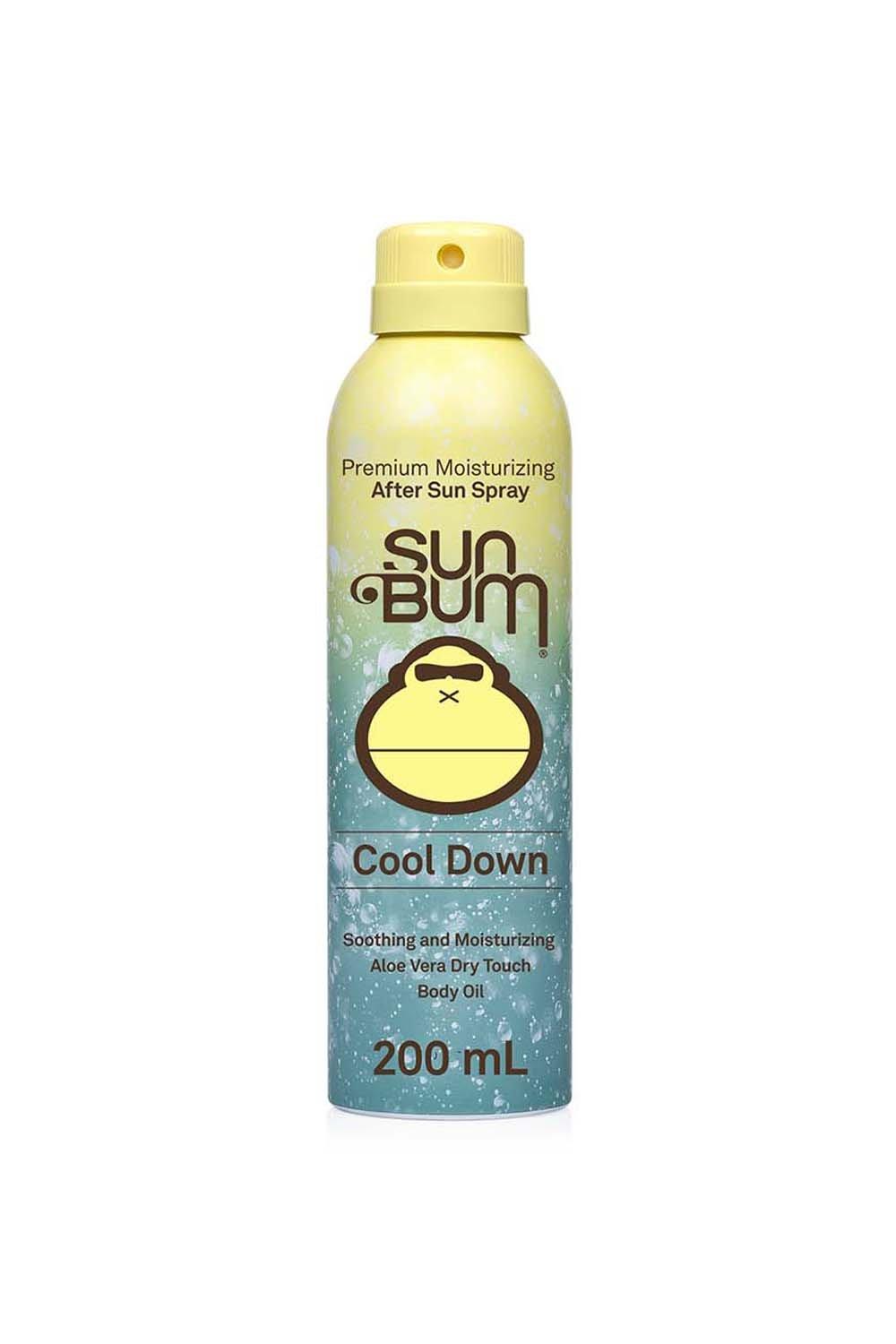 Yellow and blue gradient spray bottle with a flip-top cap, labeled "Sun Bum Cool Down," featuring aloe vera and vitamin E for intense hydration, 200ml size.