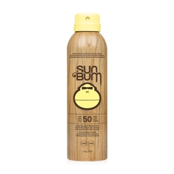 Yellow spray can with a wood-like design, labeled "Sun Bum Original SPF50," featuring a cartoonish sun logo and details about water resistance and sunscreen benefits.