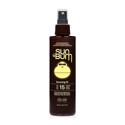 Brown spray bottle of Sun Bum SPF 15 Browning Oil, 250ml, featuring a yellow label with the brand name and sun icon, designed for tanning and sun protection.