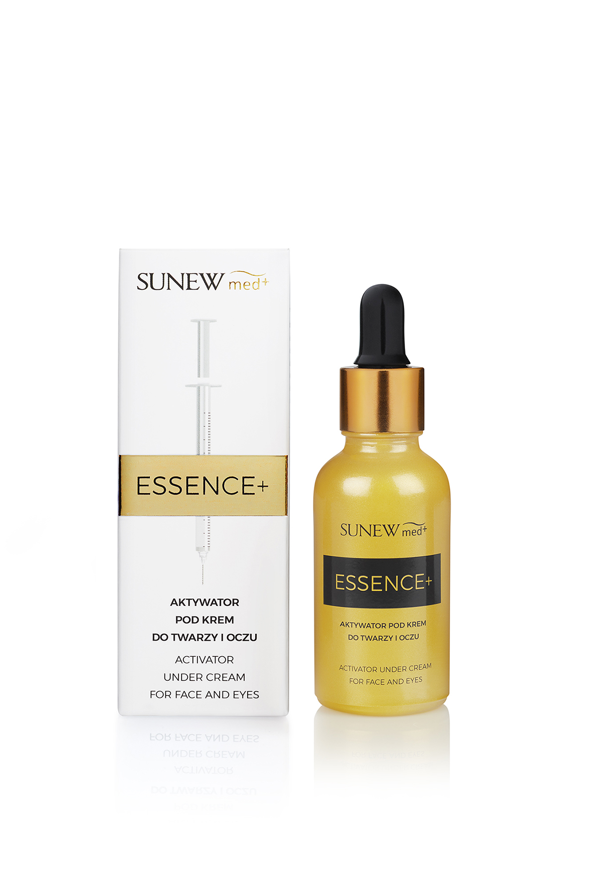 Golden glass dropper bottle with a white label reading "ESSENCE+ Aktywator Pod Krem I Oczy" and a sleek white box featuring the SunewMed+ logo.
