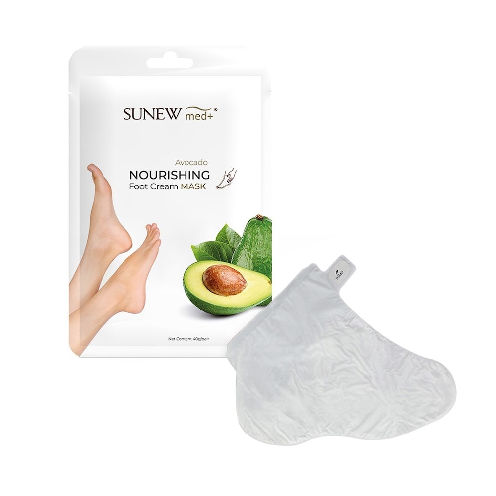 Nourishing foot mask by SunewMed+ in a white packaging featuring an avocado graphic, with a single translucent foot mask visible beside it.