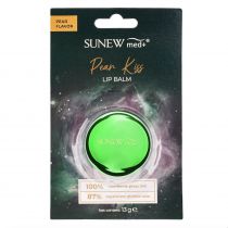 Bright green circular lip balm container with a pear flavor label, packaged in a cosmic-themed box featuring a dark background and colorful galaxy design, weighing 13g.