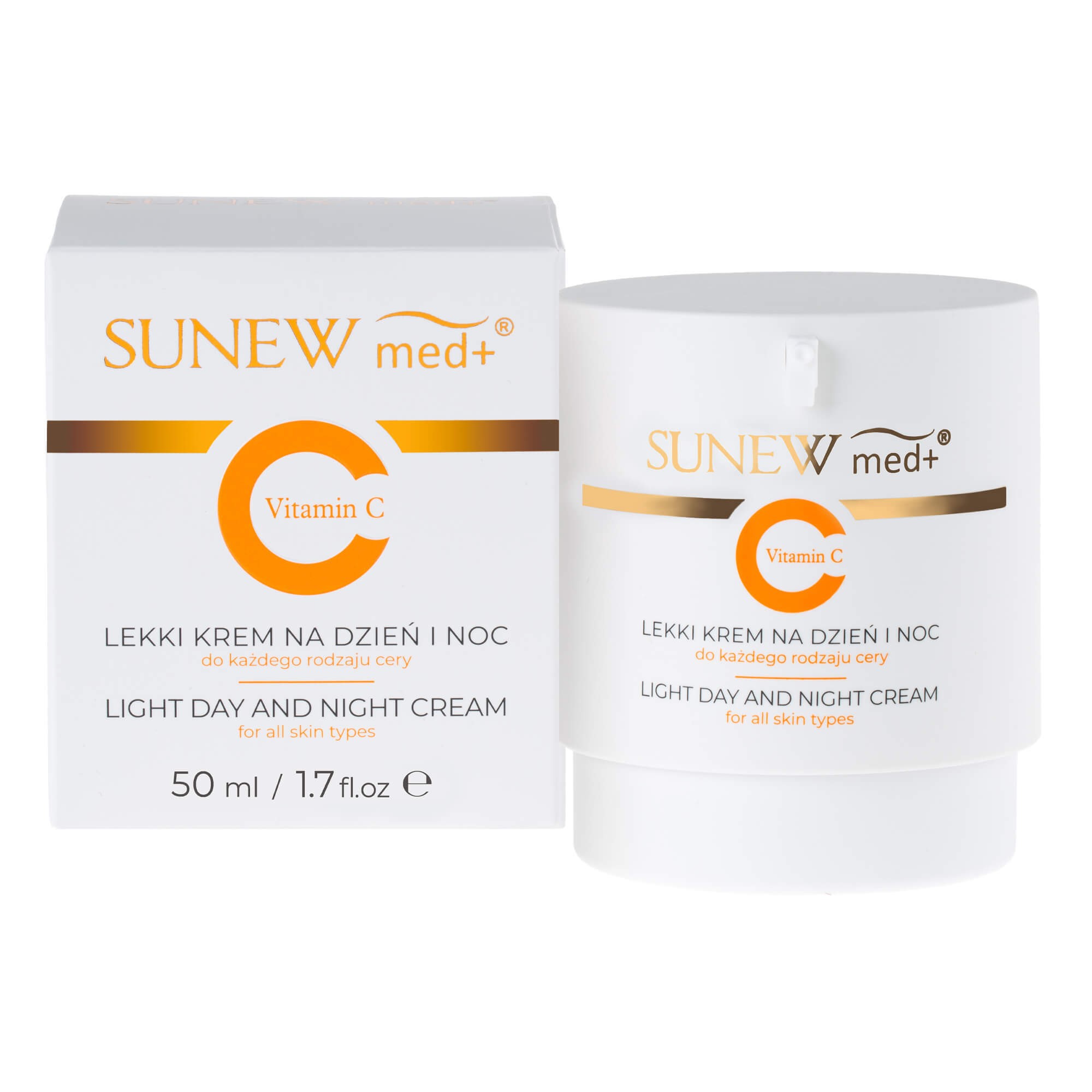 White jar with a gold and orange label, labeled "SUNEW med+ Vitamin C," containing a lightweight day and night cream for all skin types, 50 ml.