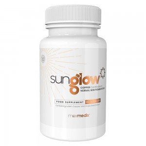 White bottle labeled "Maxmedix Tanning Tablets" with orange accents, containing 120 capsules, highlighting ingredients like Beta Carotene, Vitamin B2, B3, Zinc, Copper, and Iodine.