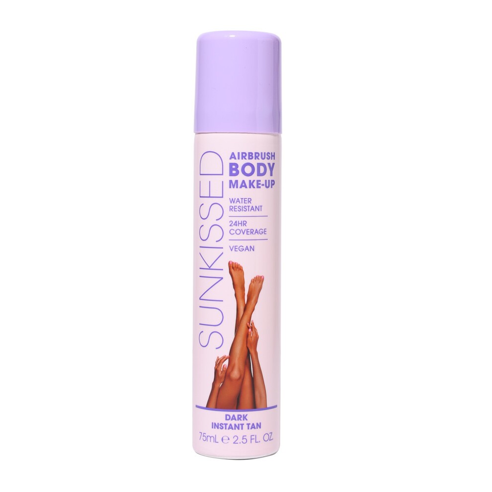 Sunkissed Airbrush Body Make-up in a 75ml spray can, featuring a light purple design with dark tan coverage, water-resistant, vegan, and showcasing legs on the label.