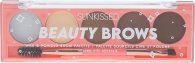 Sunkissed Beauty Brows Palette features a sleek pink case with five compartments: one gray brow wax and four brow powders in light to dark shades, plus a dual-ended brush and spoolie.