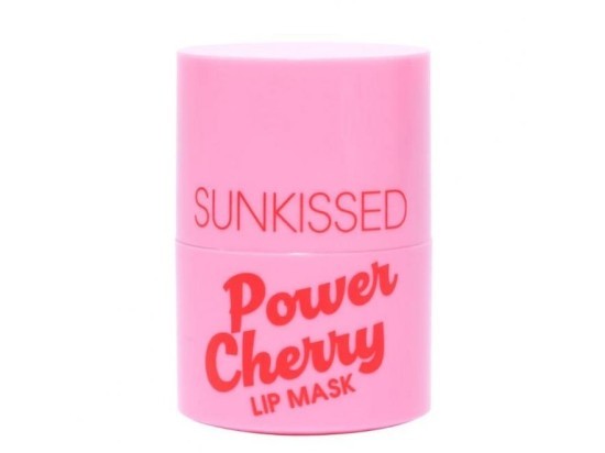 Bright pink cylindrical container labeled "Sunkissed" and "Power Cherry Lip Mask," featuring a bold red font and a glossy finish, indicating a cherry-flavored lip treatment.