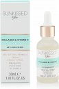 Clear glass dropper bottle with a light blue serum, gold accents, and white label featuring "Sunkissed" and "Collagen & Vitamin C" in bold text, alongside a matching box.