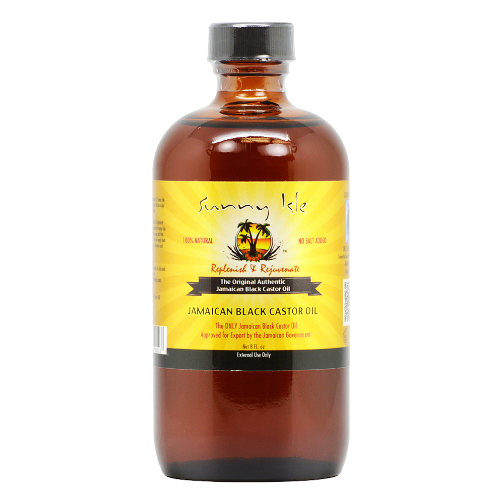 Brown glass bottle with a black cap, featuring a vibrant yellow label with palm trees, stating "Sunny Isle, Extra Dark Jamaican Black Castor Oil, 8 Fl Oz."