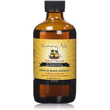 Amber glass bottle of Sunny Isle Jamaican Black Castor Oil, 6 fluid ounces, featuring a yellow and black label with palm tree graphics and product details.