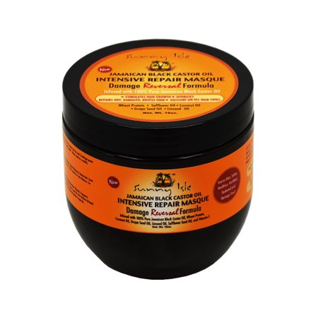 Black jar with an orange label featuring "Sunny Isle" logo, product name "Jamaican Black Castor Oil Intensive Repair Masque," and damage reversal formula details, 16 fl oz size.