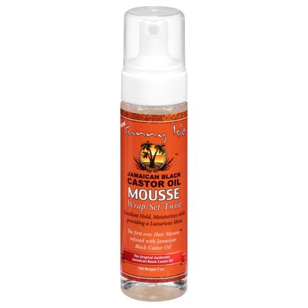 Clear plastic bottle with a pump dispenser, featuring a vibrant orange label with black text, showcasing "Jamaican Black Castor Oil Mousse" and a palm tree logo.