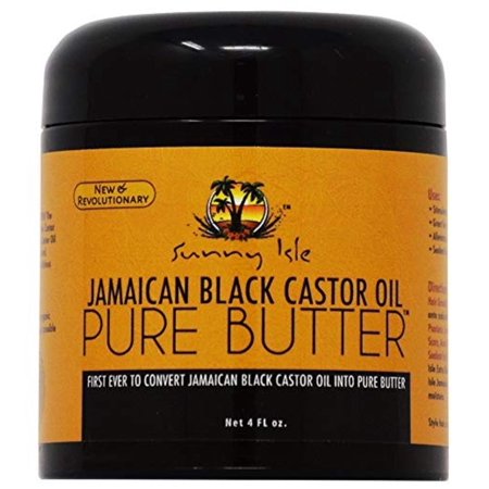 Sunny Isle Jamaican Black Castor Oil Pure Butter in a 4 oz black jar with an orange label featuring palm trees and bold text highlighting its key features.