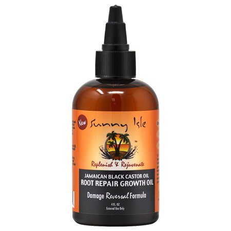 Sunny Isle JBCO Root Repair Growth Oil in a 4 oz amber glass bottle with a black nozzle, featuring a vibrant orange and yellow label with palm tree graphics and product details.