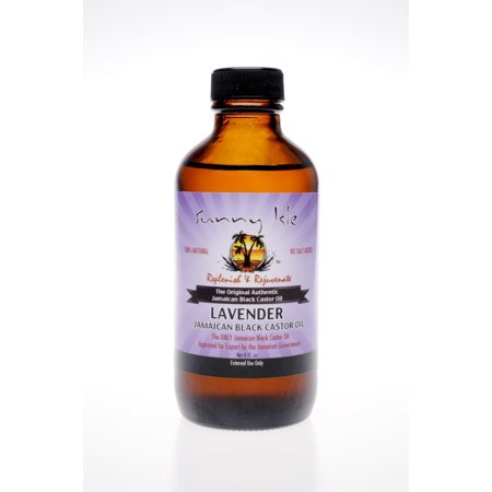 Amber glass bottle with a black cap, labeled "Sunny Isle" in purple and white, featuring "100% Natural Jamaican Black Castor Oil" and "Lavender" with a palm tree graphic.