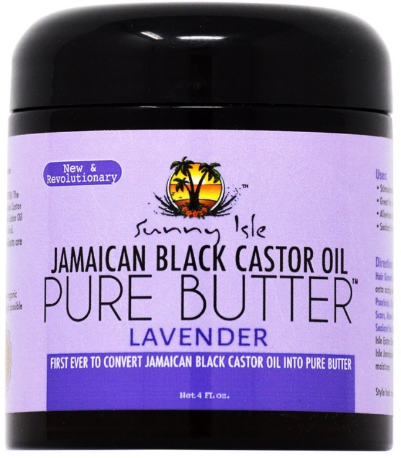 Purple jar labeled "Jamaican Black Castor Oil Pure Butter Lavender" by Sunny Isle, featuring a tropical logo and text highlighting its unique formulation, 4 oz size.