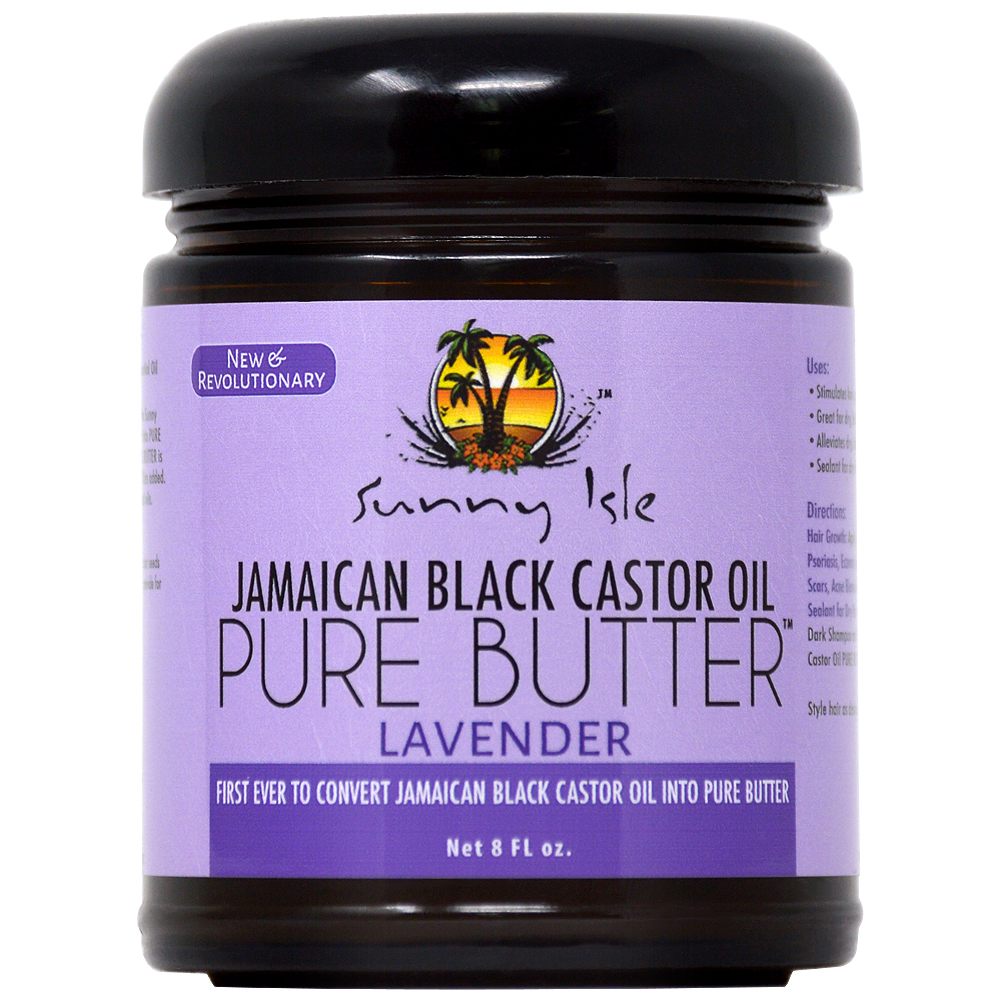 Lavender-colored jar labeled "Sunny Isle Jamaican Black Castor Oil Pure Butter 8oz," featuring a tropical logo and text highlighting its unique formulation.