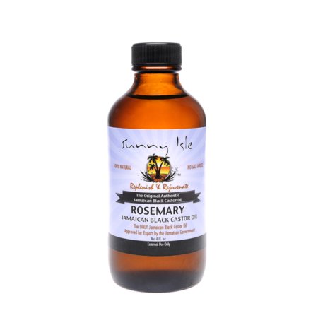 Amber glass bottle containing 4 fl oz of Rosemary Jamaican Black Castor Oil, labeled with a white and purple design featuring palm trees and product details.