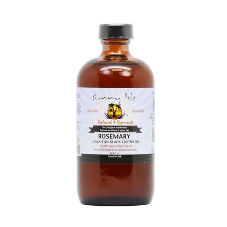 Amber glass bottle of Sunny Isle Jamaican Black Castor Oil, 8oz, featuring a white and black label with rosemary and brand logo, showcasing a natural and herbal aesthetic.