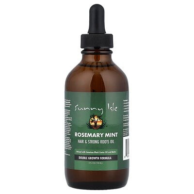 Amber glass bottle with a black dropper, labeled "Sunny Isle Rosemary Mint Hair Oil," featuring green and white text, highlighting a double growth formula.