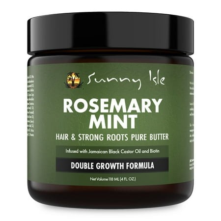 A dark brown jar with a black lid labeled "Sunny Isle Rosemary Mint Hair & Strong Roots Butter," featuring green and white text, highlighting biotin and Jamaican black castor oil.