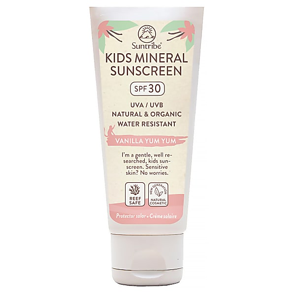 Natural mineral sunscreen for kids in a pastel pink tube, labeled SPF 30, featuring a playful design with tropical leaves and "Vanilla Yum Yum" scent, water-resistant and reef-safe.