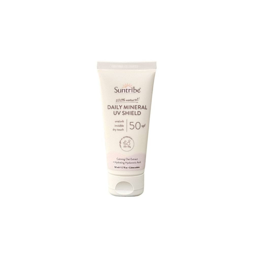 White tube of Suntribe Mineral UV Shield SPF 50, featuring a minimalist design with a light pink label and text, emphasizing its natural ingredients and dry touch formula.