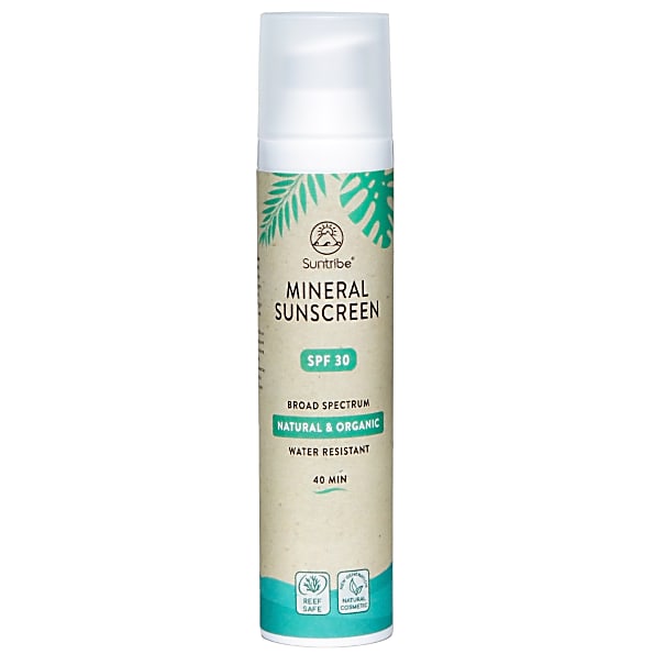 Suntan sunscreen in a 100 ml pump bottle, featuring a light beige label with green accents, labeled "Mineral Sunscreen SPF 30," emphasizing natural and organic ingredients.