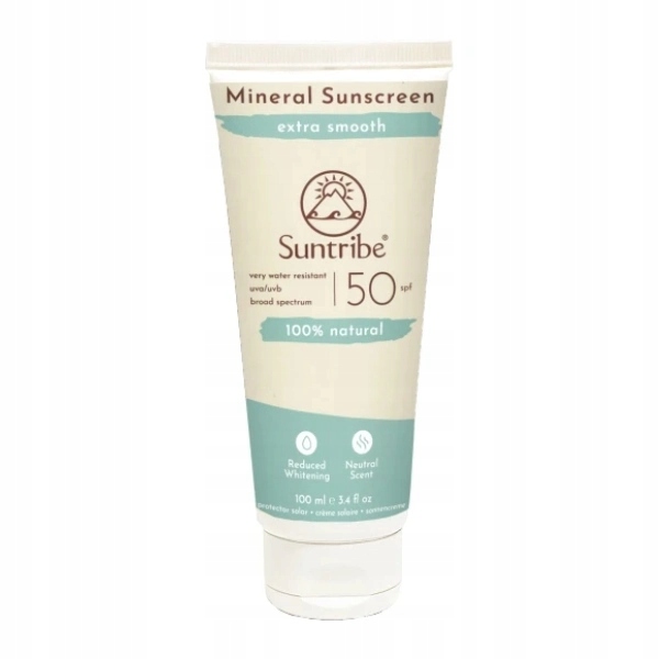 White tube with a light beige label, featuring "Suntribe" logo, "Mineral Sunscreen" text, and SPF 50; 100 ml size, emphasizes natural ingredients and water resistance.