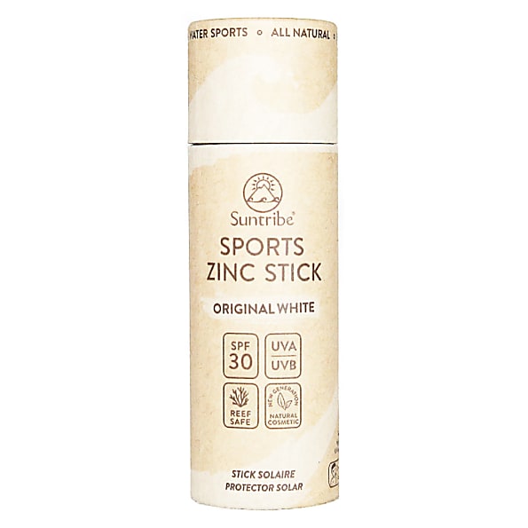 Suntribe All Natural Sport Zinc Stick SPF 30 in a cylindrical, eco-friendly packaging featuring a beige and white design, labeled "Original White" with sun protection details.